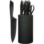 6-Piece Luxury Kitchen Knife Set – Chef, Cleaver, Bread, Utility & Fruit Knives with Acrylic Stand | Durable Non-Stick Blades (Black)